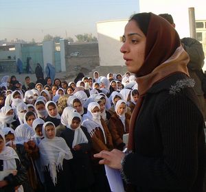 19 February 2007 – Joya addresses students in a girls' school in Farah, Afghanistan.