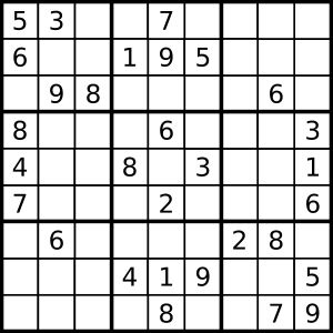 9x9 스도쿠 격자, 일부에 숫자가 채워져 있다.