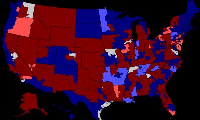 2007년 지역 법 집행 증오 범죄 예방법에 대한 하원 투표 결과. 파란색은 민주당 찬성, 밝은 빨간색은 공화당 찬성, 하늘색은 민주당 반대, 어두운 빨간색은 공화당 반대를 나타낸다.