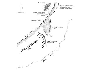 생존자 3명의 위치를 포함하여 대원들이 능선으로 향한 경로