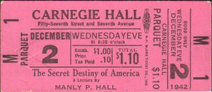 맨리 P. 홀의 카네기 홀 티켓, 1942년 12월 2일