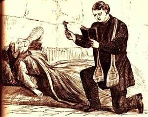 수랏이 감옥에서 그녀를 방문하도록 허락받은 사제 중 한 명으로부터 위로를 받는 신문 그림.