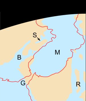 미오세 지중해 서쪽 끝의 가능한 고지리 재구성. 북쪽은 왼쪽.빨간 실선: 현재 해안선S 스페인 소르바스 분지R 리페안 회랑B 베틱 회랑G 지브롤터 해협M 지중해