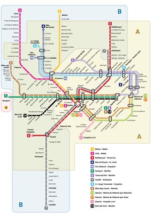 예정된 확장 노선이 표시된 메트로발렌시아 지도