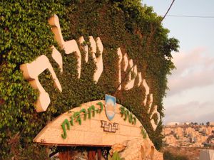 모디인일리트 환영 표지판, 작은 글귀 "미래의 하레디 도시"가 적혀 있다. 키르야트 세페르의 주택과 급수탑이 배경에 있다.