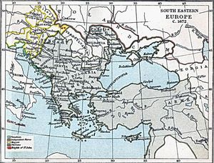 1670년경 동남 유럽 지도, 몬테네그로는 보라색 점으로 표시됨