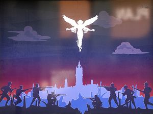 벨기에 몽스에서 수리 중인 건물 판자에 전시된 "1914년 8월 전투 당시 몽스시의 수호천사 전설"을 묘사한 거리 예술