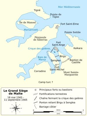 몰타 대공방전 당시의 몰타 지도 (프랑스어 설명 포함)
