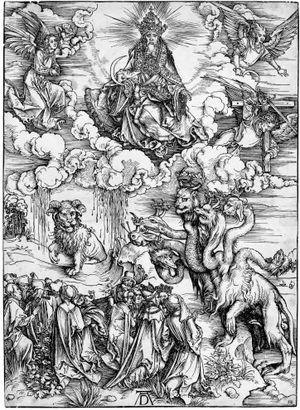 요한계시록: 12. 바다 괴물과 어린 양의 뿔을 가진 짐승. 알브레히트 뒤러의 목판화