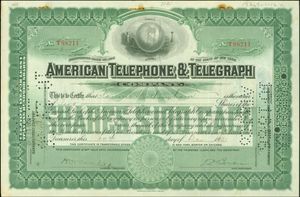 AT&T의 주식 증서. 1921년 12월 20일 발행. 이 시기 AT&T는 독점적 지위를 공고히 하고 있었다.