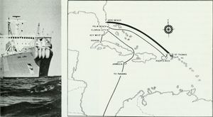 플로리다주 베로 비치에서 버진 아일랜드의 세인트 토마스 섬을 연결하는 케이블 작업 중인 AT&T 롱 라인스 케이블 선박. 전형적인 지도, 미국-베네수엘라 케이블 경로.