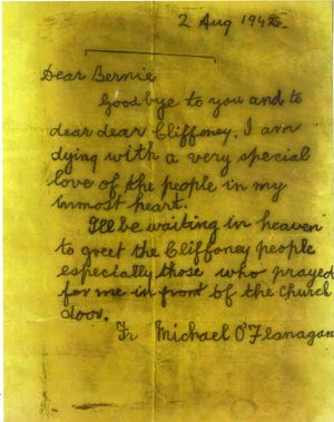 마이클 오 플라나간의 마지막 편지, 1942년 8월 2일 그의 오랜 친구 클리포니의 버니 콘웨이에게 보냄.