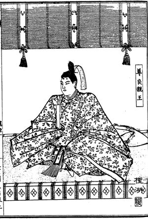 『그림책 태평기』 검권(메이지 16년(1883년))에서 다카요시 친왕. 고바야시 세이코 그림.