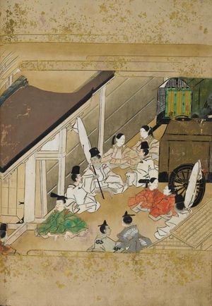 사시로 미쿠시게도노의 요절과 숭량친왕의 죽음으로 비극적인 운명을 맞이한 부부지만, 『신곡』에서는 소의 수레를 넘어 재회하는 해피 엔딩으로 끝난다. 그림책 『신곡』(에도 시대 전기)에서. 메이세이 대학 소장.