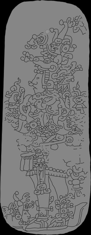 박물관이 소장하고 있는 과테말라산 경옥으로 제작된 유명한 마야 허리 장식인 레이덴 판 앞면 디자인