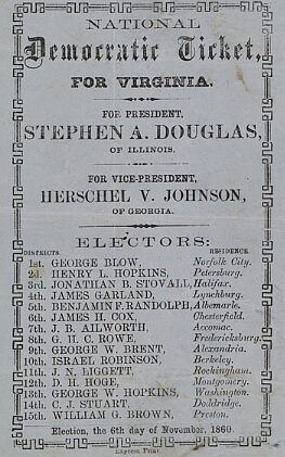 스티븐 더글러스에게 투표하기 위해 버지니아에서 한 남자가 당에서 발행한 표를 공식 투표함에 넣었다.