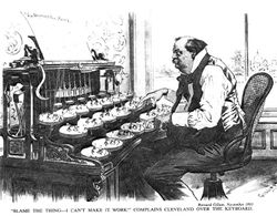 1893년 버나드 길람이 잡지 《퍽》에 기고한 풍자 만화. 당시 막 등장한 타자기를 소재로, 클리블랜드가 아무리 노력해도 '키'(민주당 간부)가 반응하지 않아 '머신'(정치 조직)을 움직일 수 없는 모습을 풍자하고 있다.