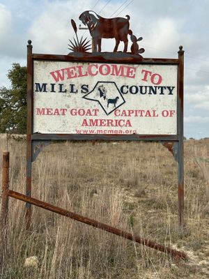 "Welcome to Mills County, Meat Goat Capital of America" roadside sign