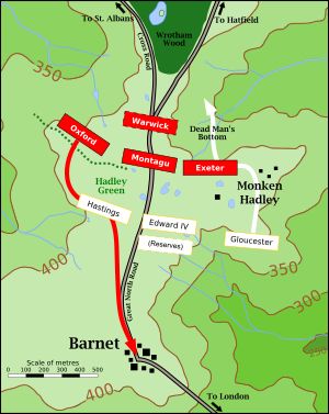 Map of the battlefield: in the middle, four red boxes, depicting the Lancastrians, are above four white boxes, denoting the Yorkists. Arrows extend from the boxes on the right flanks of each force, showing their movements.