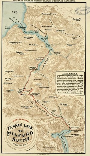 1903년 테아나우 호수에서 밀포드 사운드까지의 관광 지도