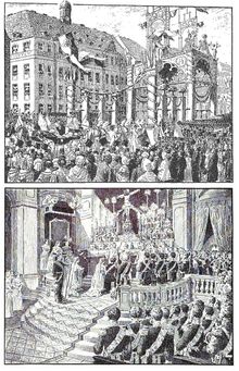 1853년 6월 18일, 드레스덴에서 알베르트 공자와 카롤라 공주의 결혼을 기념하여 드레스덴의 알트슈테터 라트하우스에 세워진 명예의 문. 이후 드레스덴 대성당에서 결혼식이 거행되었다.