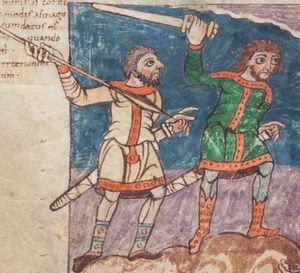 검으로 무장한 두 사내. 830년경 슈투트가르트 시편 (fol. 7v) 삽화.