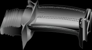 고압 터빈에 적용된 내부 냉각 기능을 갖춘 터빈 블레이드.