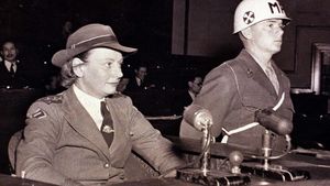 극동재판소에 출석하여 증언하는 비비안 블린켈. (1946년)