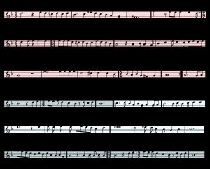 마쇼의 "Honte, paour, doubtance"의 칸투스(Cantus) 음성. A 부분의 clos(15–18마디)과 후렴구 끝(27–29마디) 사이의 음악적 각운.
