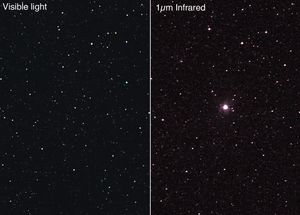 χ 백조자리의 극적인 어두워짐은 주기 동안의 파장 이동에 의해 크게 좌우된다. 시각적으로 매우 어두울 때조차 적외선에서는 밝다.