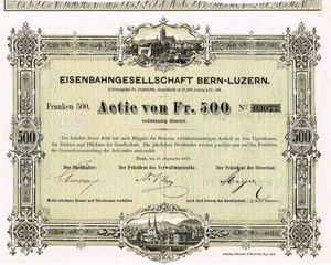 1873년 9월 20일 베른-루체른 철도 회사의 주식 증서