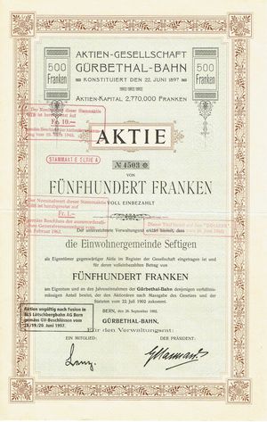 1902년 발행된 귀르베탈 철도 주식 증서