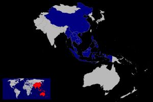베트남을 포함한 아세안-중국 자유 무역 협정의 지도. 다른 주요 자유 무역 협정 파트너로는 유럽 연합, 일본, 대한민국, 유라시아 경제 연합, 인도, 호주, 뉴질랜드 등이 있다.