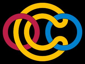 대수적 링크로서의 보로메오 고리 도표. 수직 점선은 도표를 2-탱글로 분리하는 Conway sphere이다.