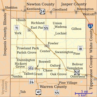 벤턴군 지도, 타운십과 정착지 표시