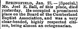 조엘 에그버트 벨(1813-1890)의 내슈빌 사망 기사. 벨은 존과 루시 벨 시니어의 막내이자 마지막 생존 자녀였다.