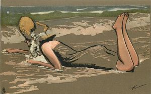 엎드린 자세로 해변에 있는 여자의 엽서