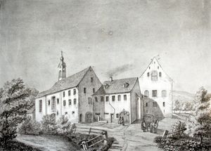 교회, 수도원, 게스트 하우스의 북쪽 전망. 요하네스 루돌프 란의 펜과 잉크 드로잉, 1859