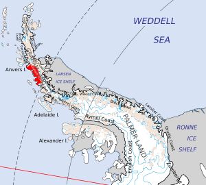 남극 반도의 그레이엄 해안. 동쪽 끝에 부스 섬 위치