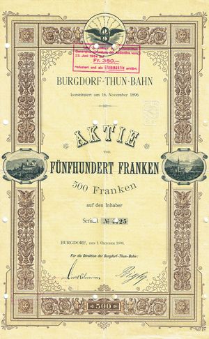 1898년 10월 1일 부르크도르프-툰 철도 주식 증명서