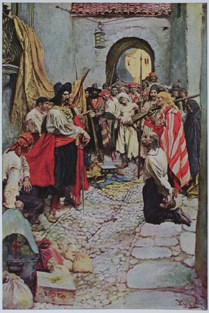 하워드 파일 - 부카니어들이 점령한 도시의 시민들에게 공물을 강요하고 있다.