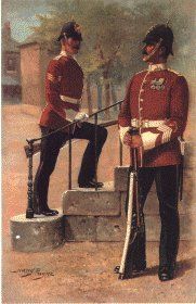 맨체스터 연대, 1913–1914. 1902년 이후 붉은색 튜닉은 사열 및 비번 시 "외출복"으로 제한되었다.