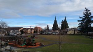 키와니스 공원 상층에서 바라본 유니온 힐의 거대한 세쿼이아와 바다의 별 성모 가톨릭 교회