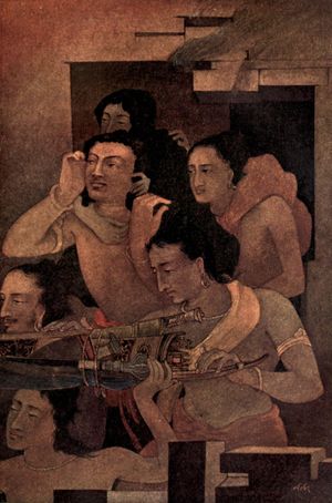 비마와 판다바 형제들이 락의 집에서 탈출하는 모습. 비마가 어머니 쿤티를 어깨에 메고 있다. 난다랄 보스 그림, 1914