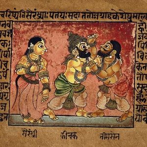 키차카와 비마세나가 싸우고 드라우파디가 그들을 지켜보는 모습, 흩어진 마하바라타 시리즈의 삽화, 마이소르, c. 1670. 종이에 불투명 수채화와 금