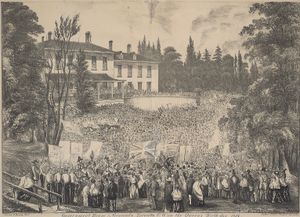 1854년 빅토리아 데이, 토론토의 정부 청사 앞에 모인 군중