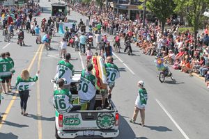 2015년 빅토리아 데이 퍼레이드를 위해 브리티시컬럼비아주 빅토리아의 거리에 늘어선 군중