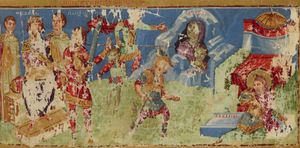 어린이 학살 사건 동안 성전에서 사가랴의 순교; 9세기 필사본 코덱스인 파리 그레고리의 미니어처에 묘사된 엘리자베스의 도피