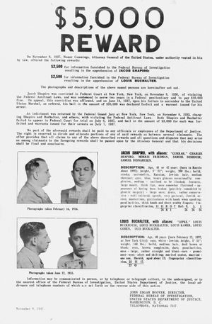 FBI(미국 연방수사국)가 공개한 야콥 샤피로와 루이스 부찰터의 수배 전단 (1937)