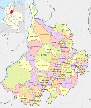 산탄데르 주의 지도. 빨간 점은 각 시의 시청 소재지를 나타낸다